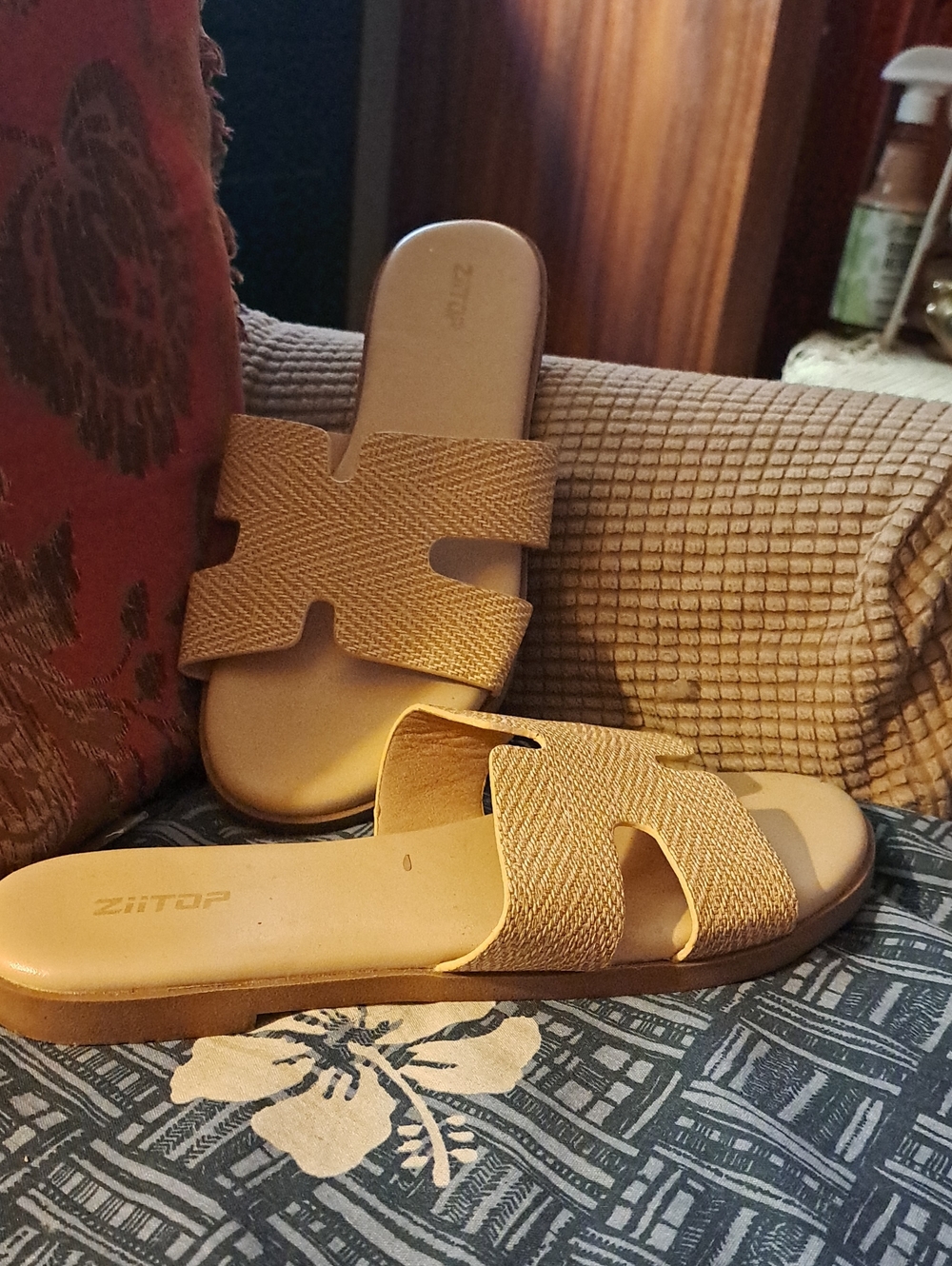 Women's Tan Slide Mules with Woven Upper